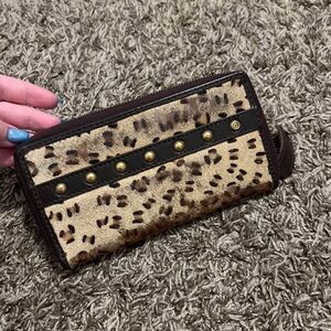 Brown and Black Animal Print Leather Wallet with Zipper Closure
